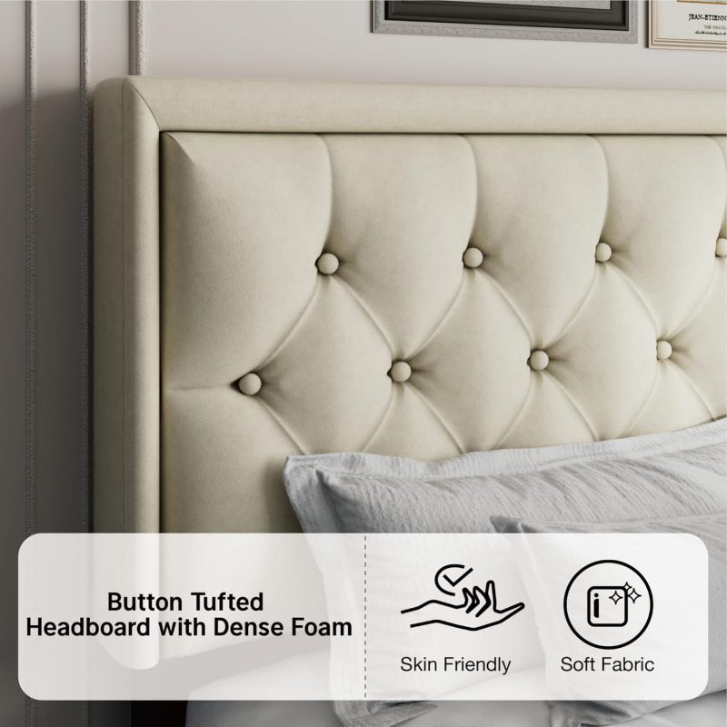 Platform Bed Frame with Velvet Headboard, Beige - Image 5