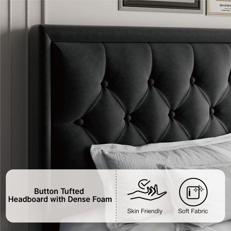 Platform Bed Frame with Velvet Headboard, Black - Image 4