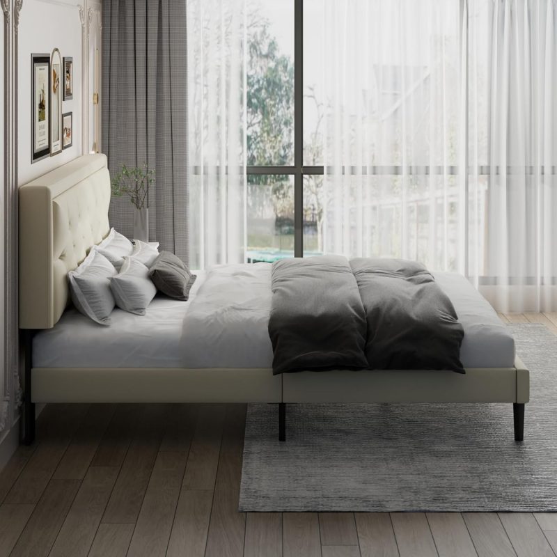 Platform Bed Frame with Velvet Headboard, Beige - Image 3